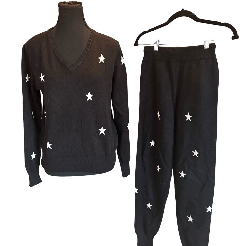 Pink Martini Black Knit Set with White Star Embroidery Size XS NWT